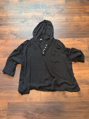 POL Black Waffle Knit Hooded Button-Placket Top
